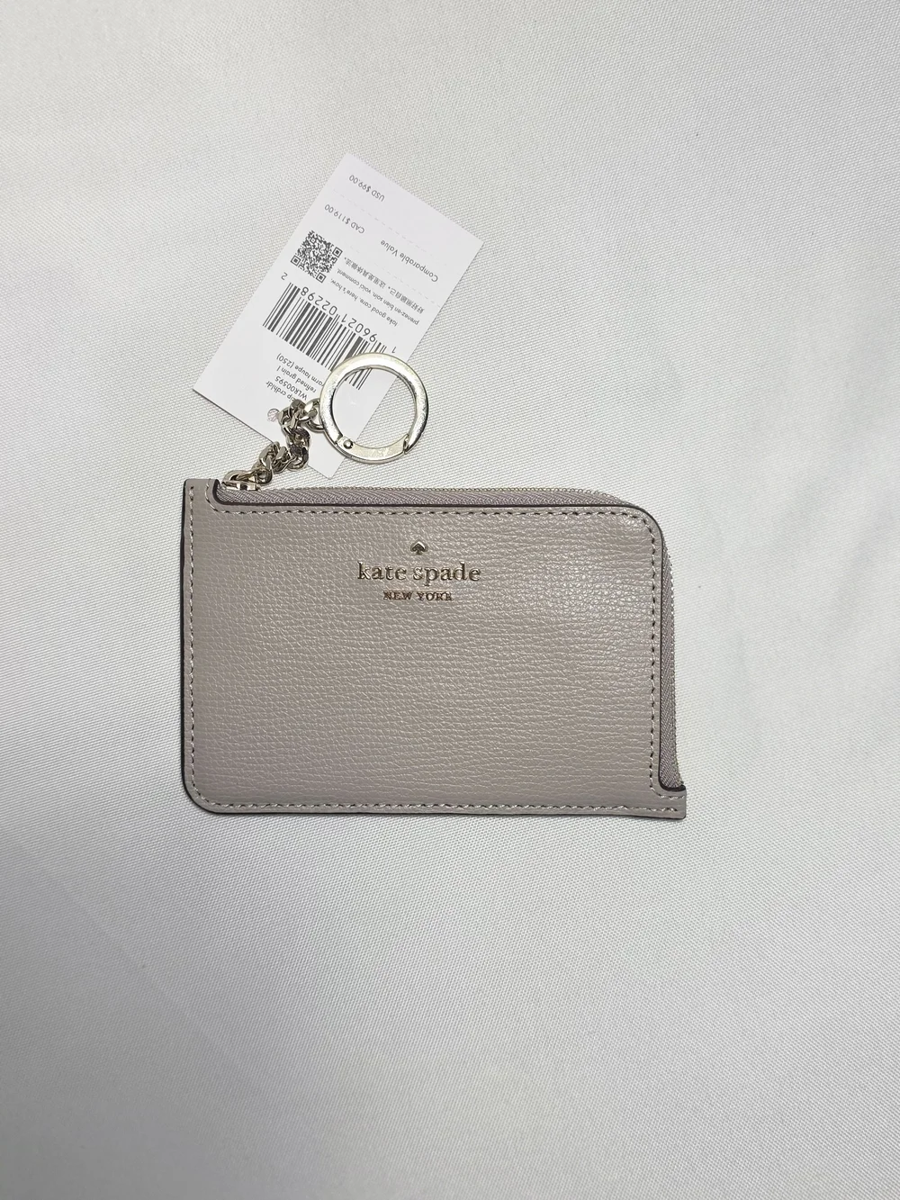 Kate Spade New York Gray Pebbled Leather L-Zip Card Holder Wallet Keyring NWT
